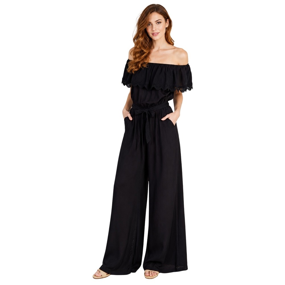 ModCloth Jumpsuit Womens Medium Black Off the Shoulder Wide Leg Crochet Trim